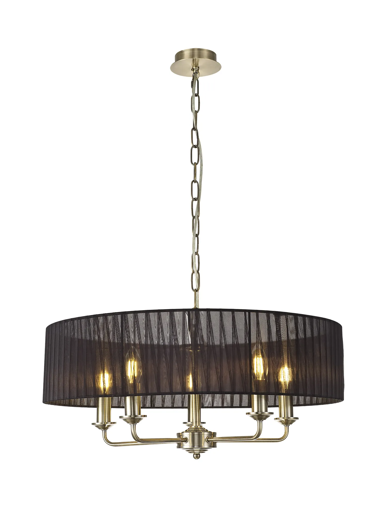 DK0868  Banyan 5 Light Multi Arm Pendant With 60cm x 15cm Organza Shade Antique Brass/Black